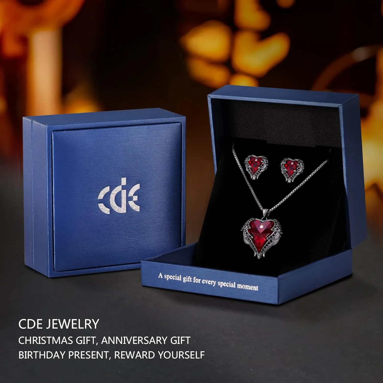 CDE Mothers Day Jewelry Set for Women, Angle Wing Heart Pendant Necklaces and Earrings with Birthstone Birthday/Anniversary Christmas Jewelry Gift for Women Wife Her