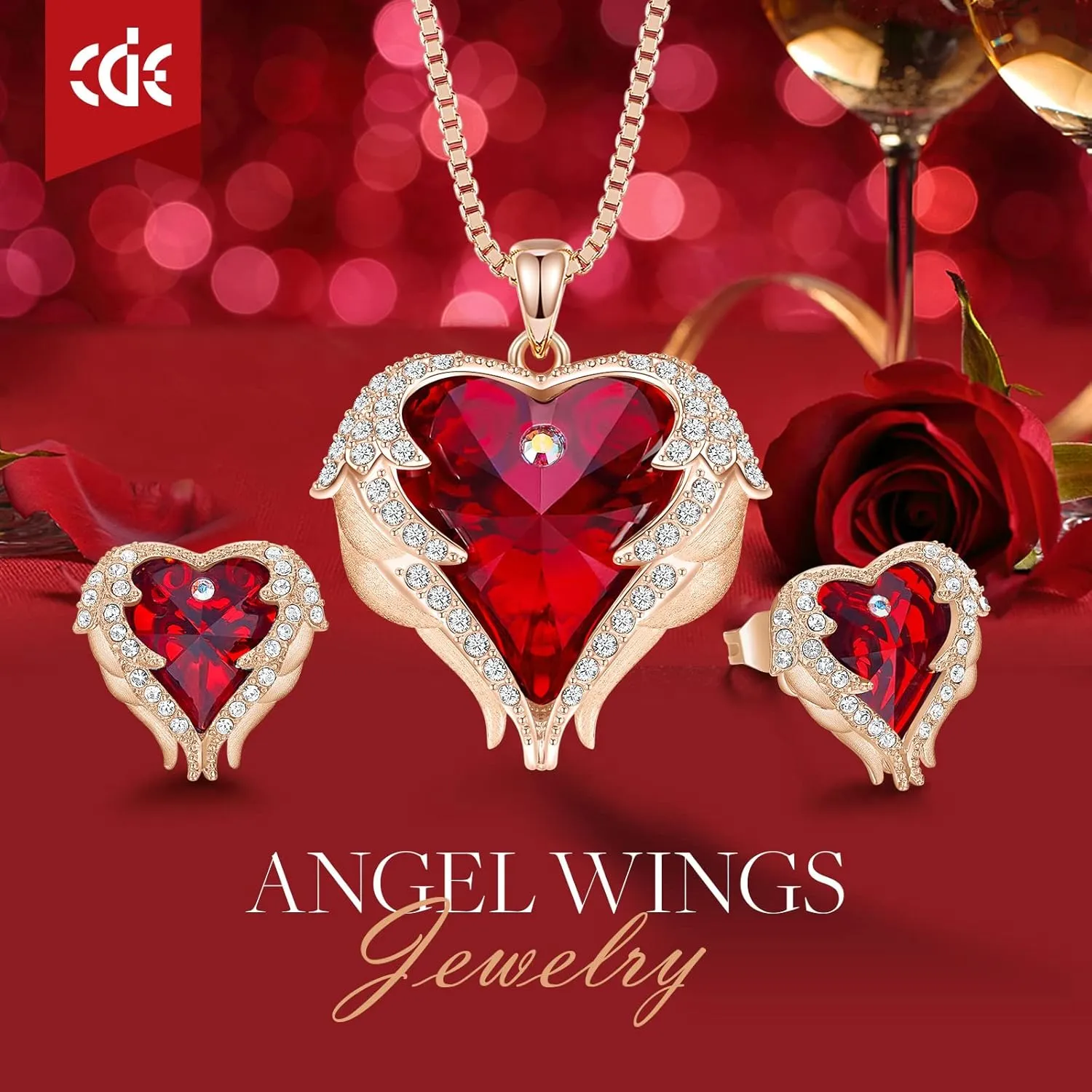 CDE Mothers Day Jewelry Set for Women, Angle Wing Heart Pendant Necklaces and Earrings with Birthstone Birthday/Anniversary Christmas Jewelry Gift for Women Wife Her