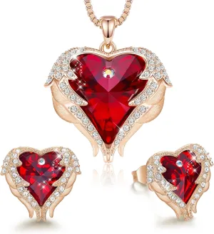 CDE Mothers Day Jewelry Set for Women, Angle Wing Heart Pendant Necklaces and Earrings with Birthstone Birthday/Anniversary Christmas Jewelry Gift for Women Wife Her