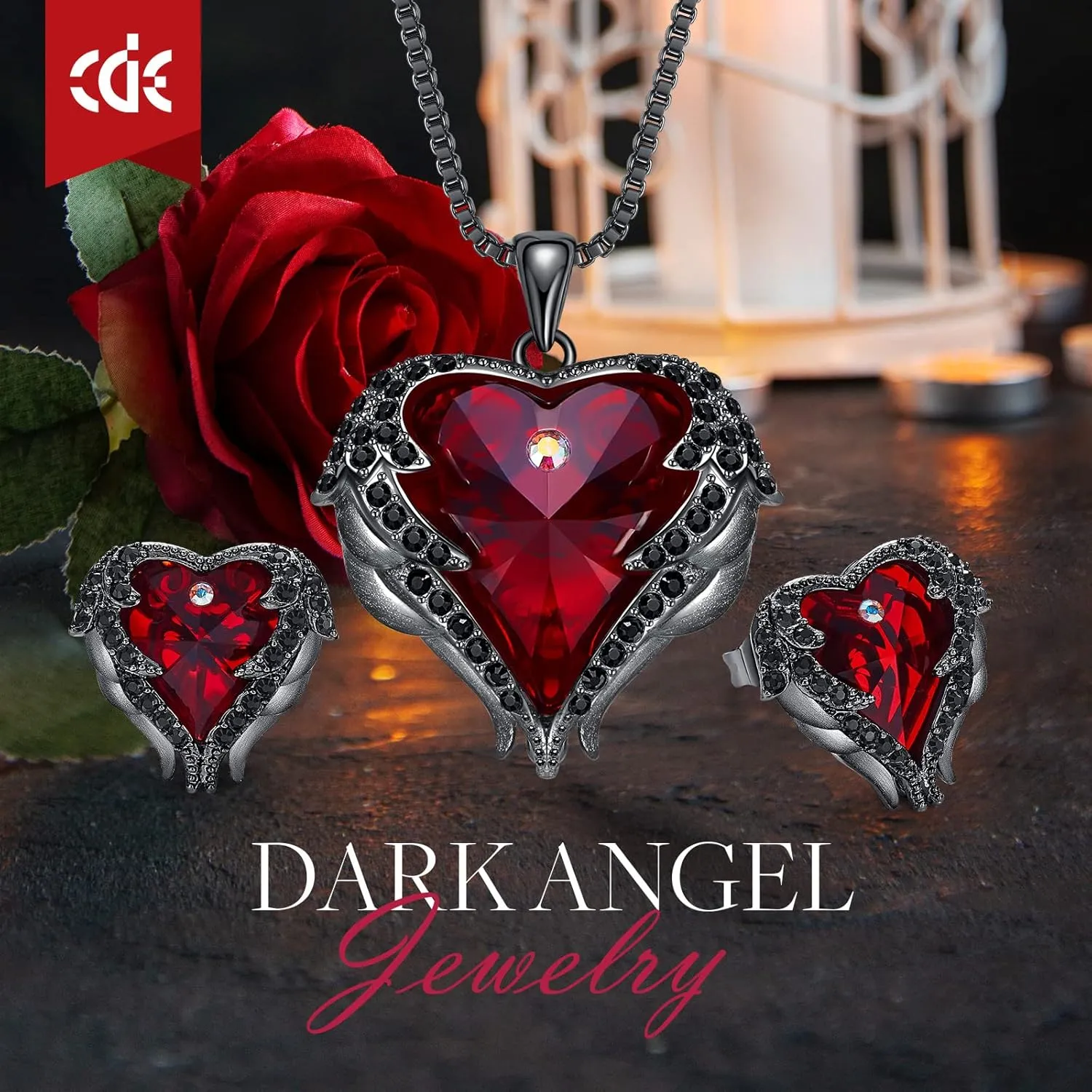 CDE Mothers Day Jewelry Set for Women, Angle Wing Heart Pendant Necklaces and Earrings with Birthstone Birthday/Anniversary Christmas Jewelry Gift for Women Wife Her