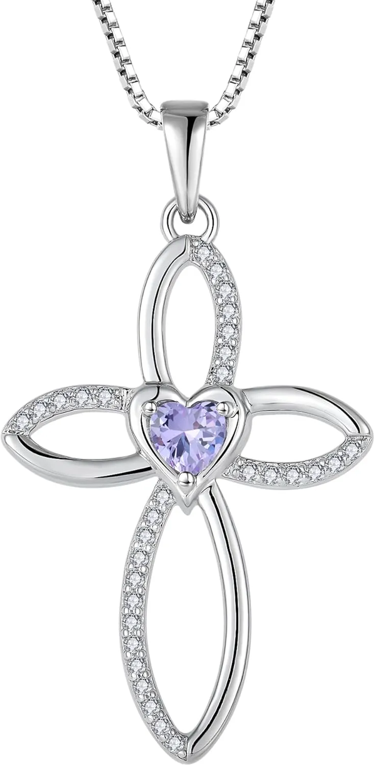 Celtic Knot Cross Necklace Sterling Silver Crucifix Pendant Heart Birthstone Religious Jewelry for Women