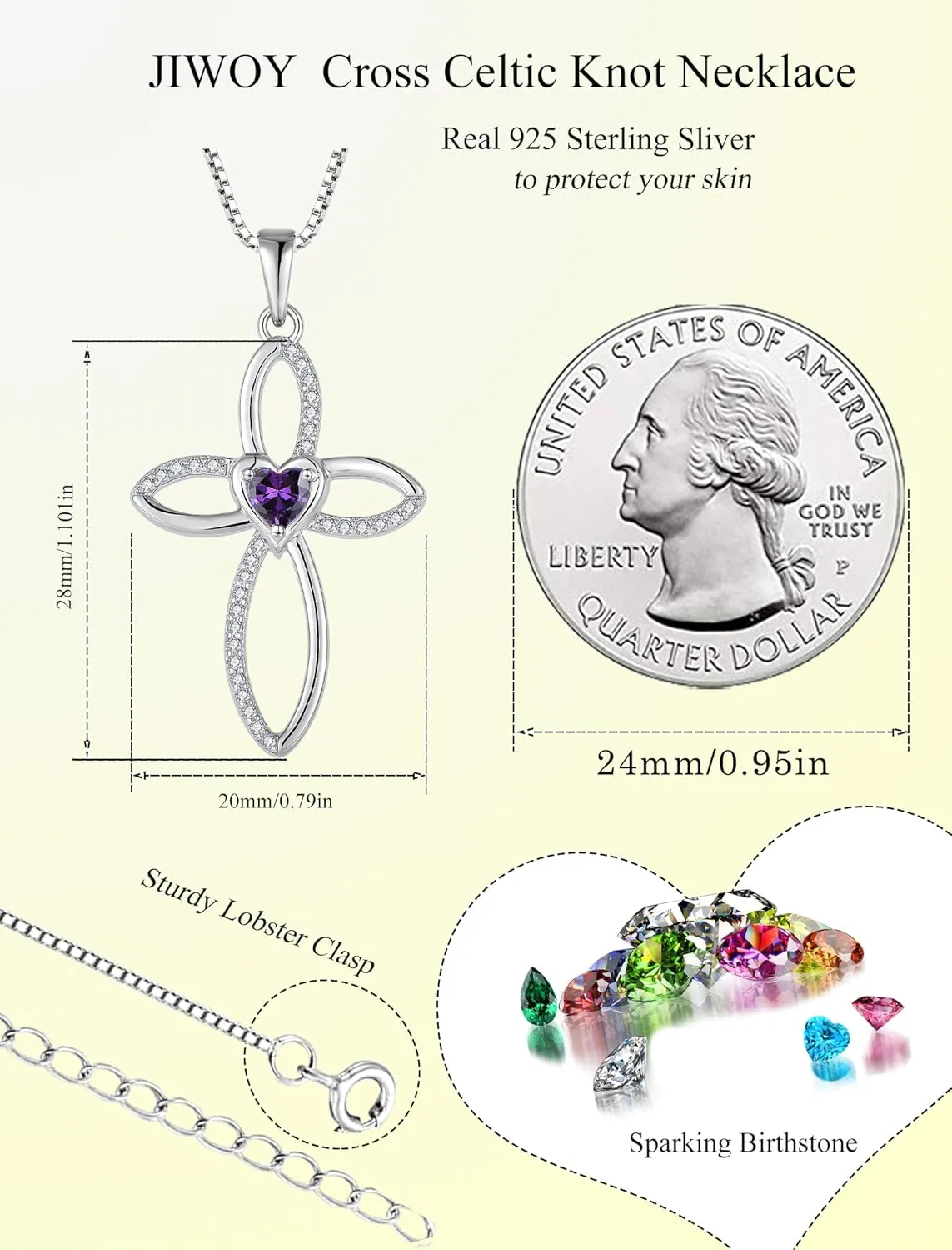 Celtic Knot Cross Necklace Sterling Silver Crucifix Pendant Heart Birthstone Religious Jewelry for Women