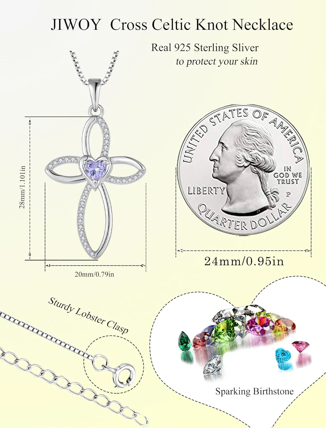 Celtic Knot Cross Necklace Sterling Silver Crucifix Pendant Heart Birthstone Religious Jewelry for Women