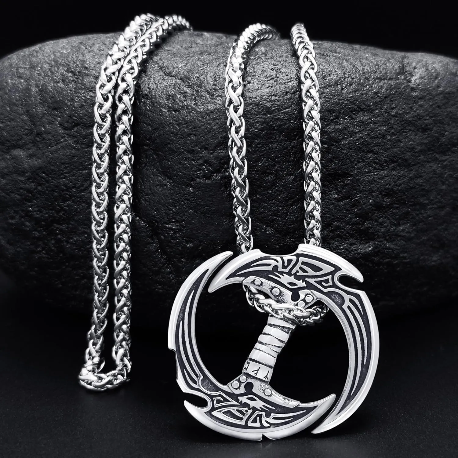 Celtic Knot Dragon Necklace Viking Pendant Stainless Steel Crescent Moon Sword Pendant Norse Rune Viking Jewelry for Men