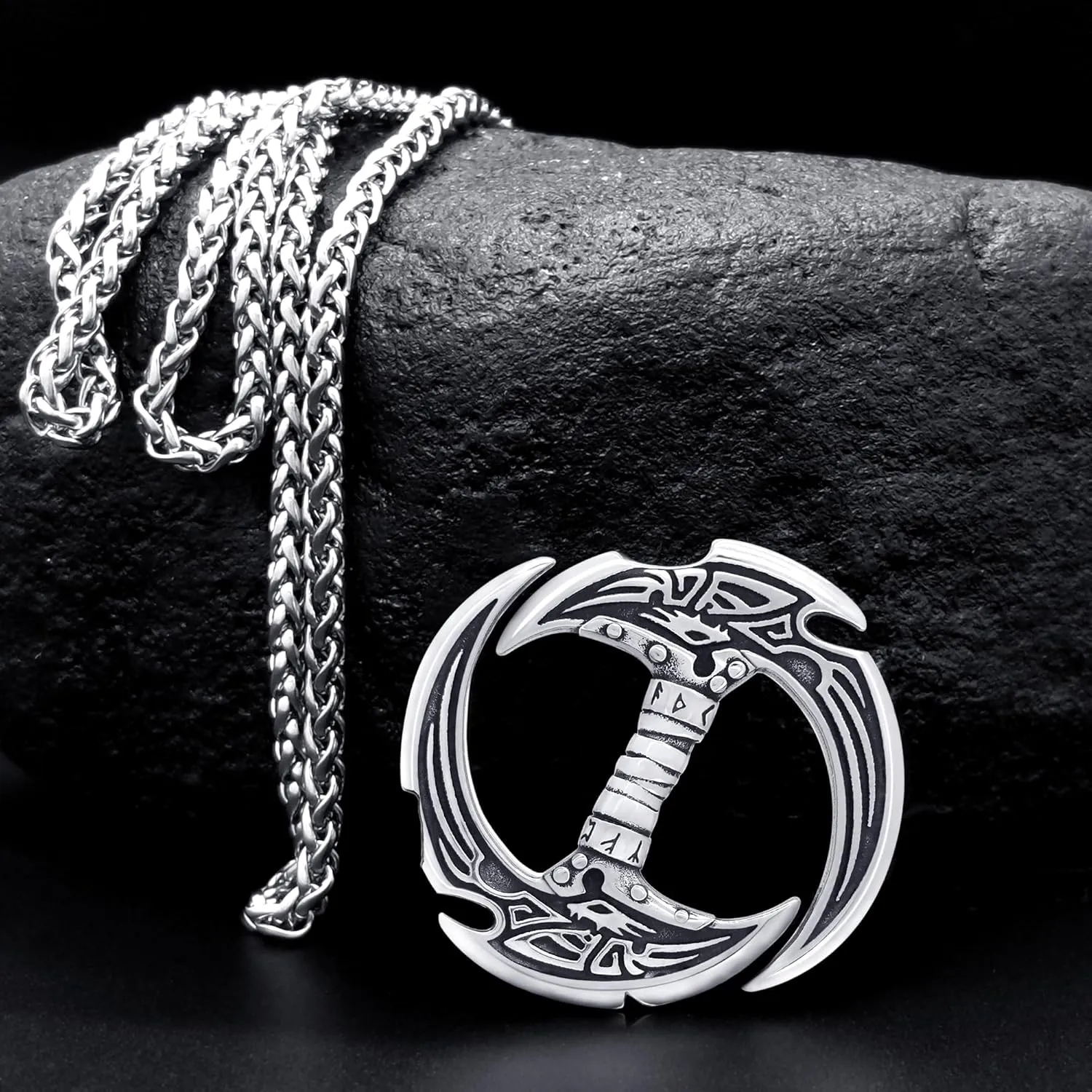 Celtic Knot Dragon Necklace Viking Pendant Stainless Steel Crescent Moon Sword Pendant Norse Rune Viking Jewelry for Men