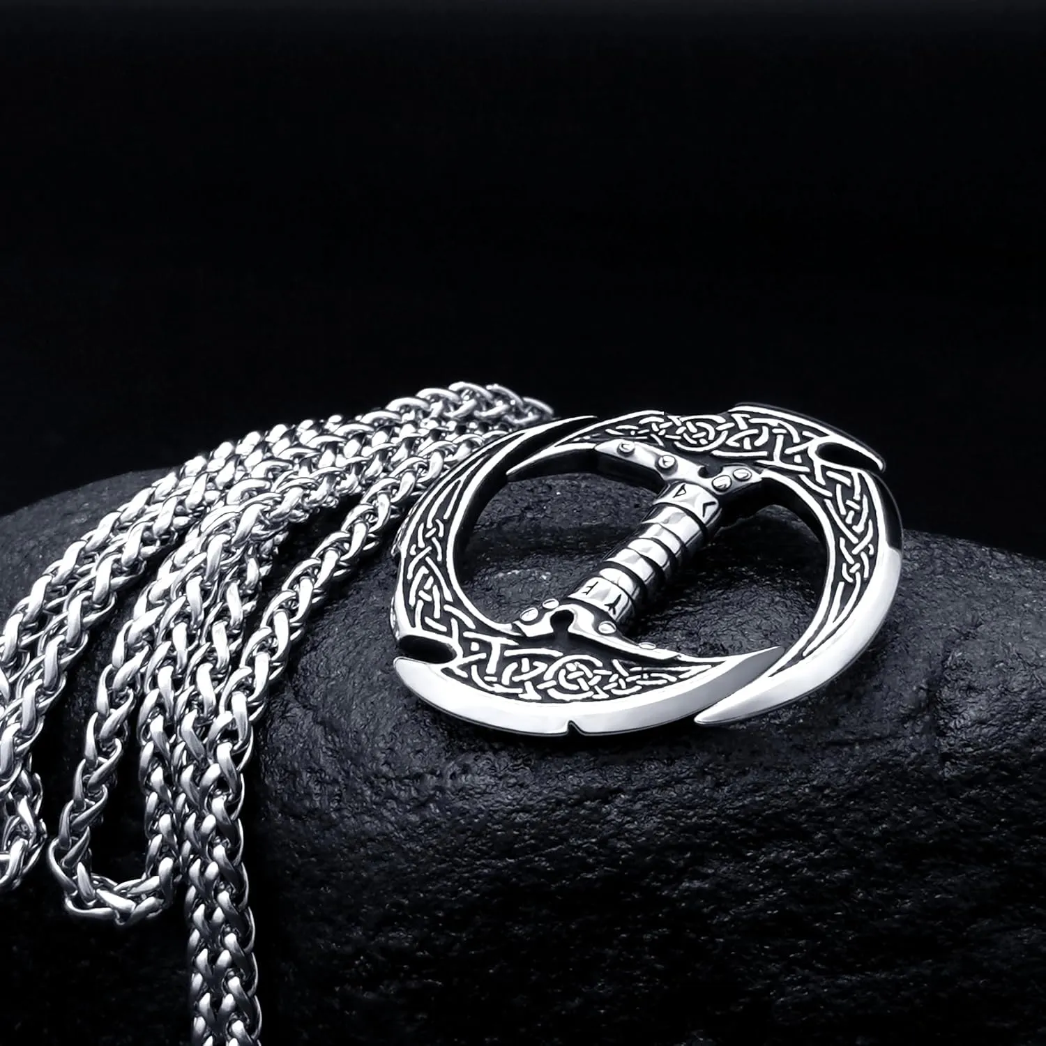 Celtic Knot Dragon Necklace Viking Pendant Stainless Steel Crescent Moon Sword Pendant Norse Rune Viking Jewelry for Men