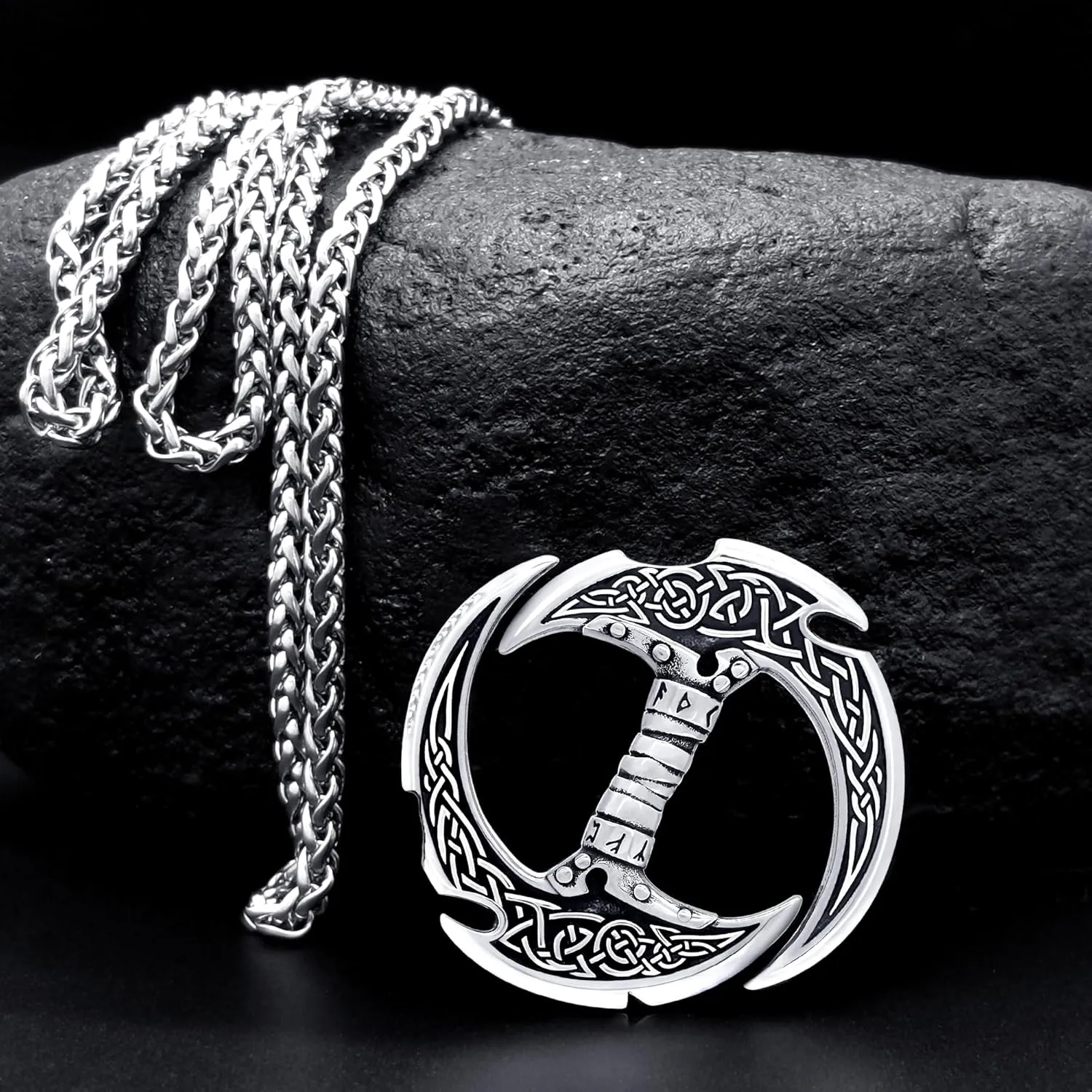 Celtic Knot Dragon Necklace Viking Pendant Stainless Steel Crescent Moon Sword Pendant Norse Rune Viking Jewelry for Men