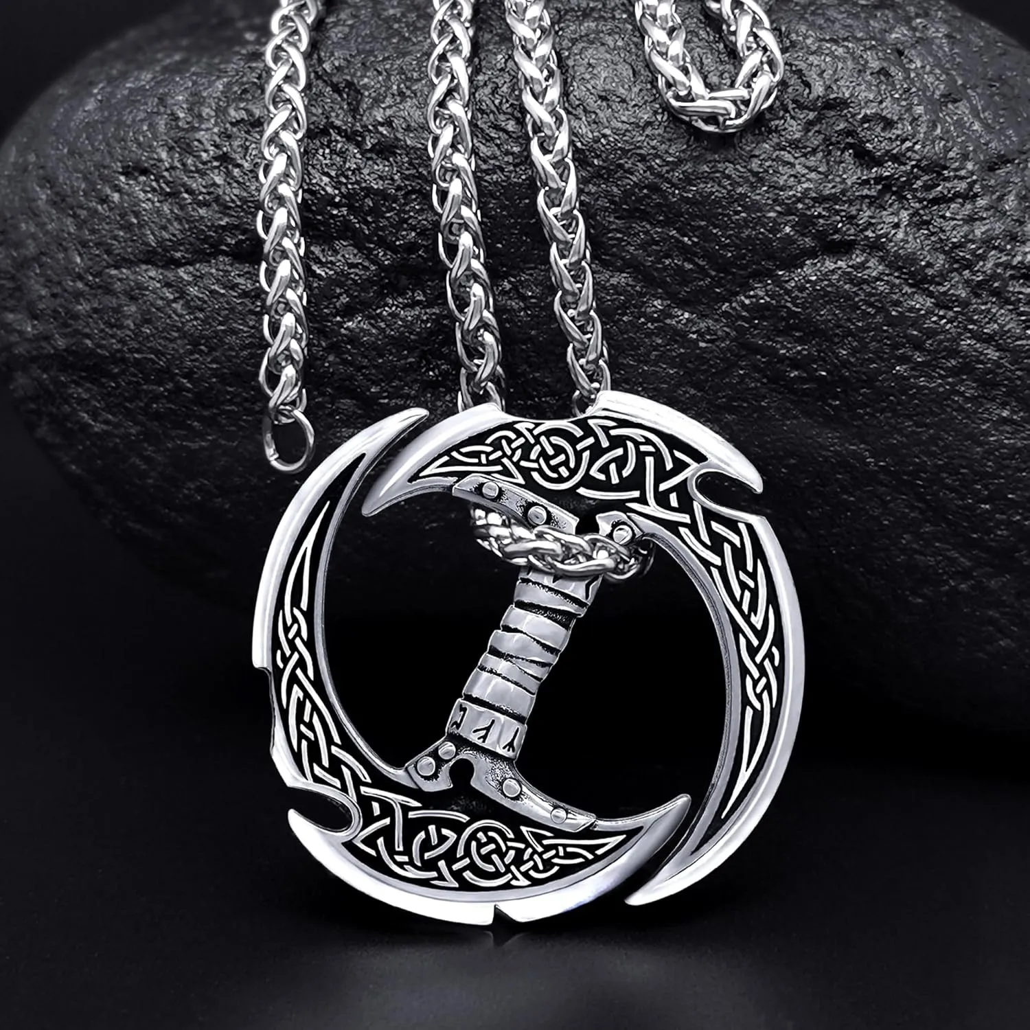 Celtic Knot Dragon Necklace Viking Pendant Stainless Steel Crescent Moon Sword Pendant Norse Rune Viking Jewelry for Men