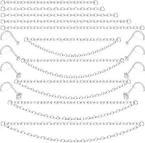 Chain Nose Rings Piercings Corkscrew Studs for Women Men 20g 18g Surgical Steel Screw Double Across Chains Hypoallergenic Nostril Jewelry
