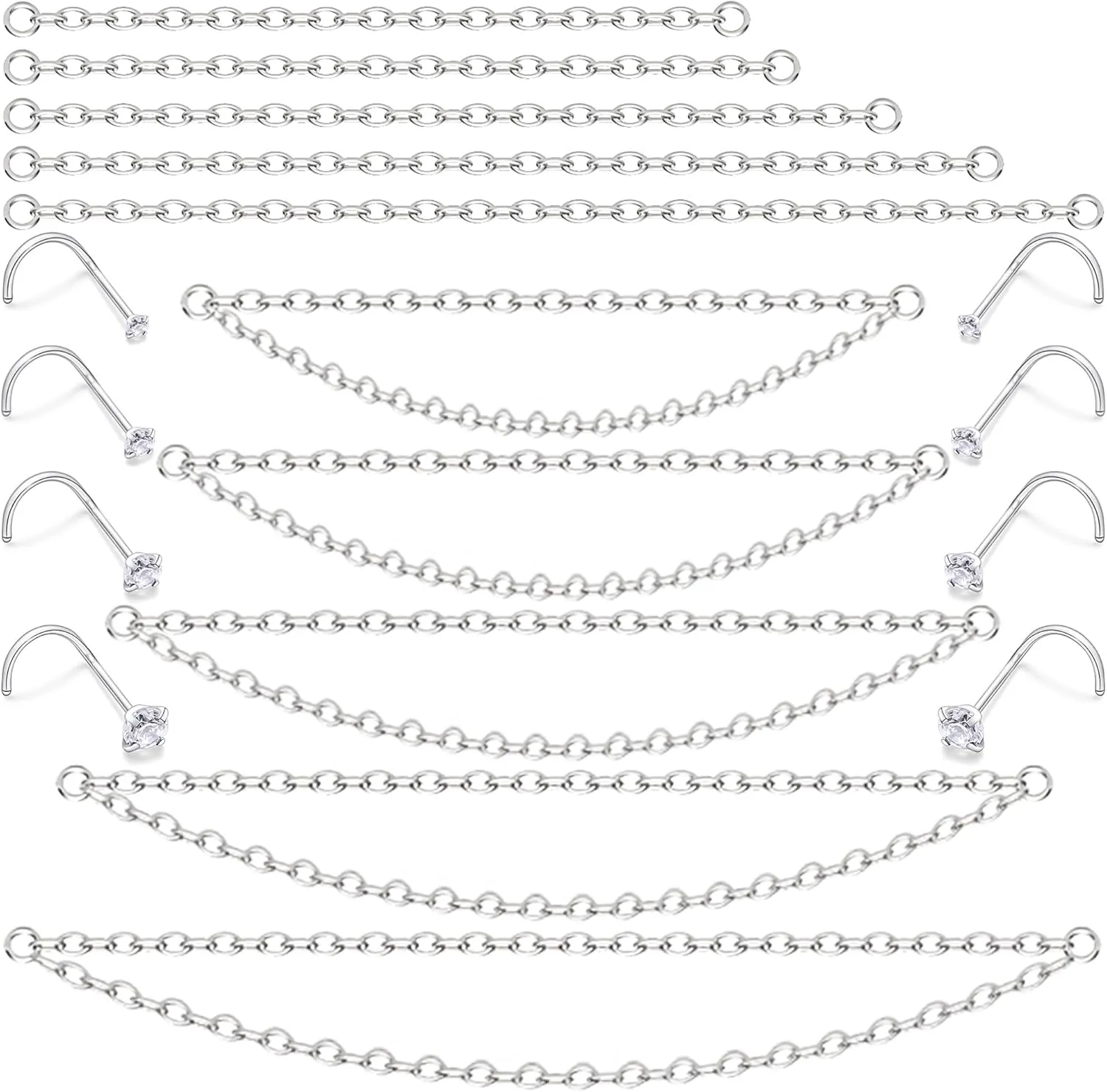 Chain Nose Rings Piercings Corkscrew Studs for Women Men 20g 18g Surgical Steel Screw Double Across Chains Hypoallergenic Nostril Jewelry