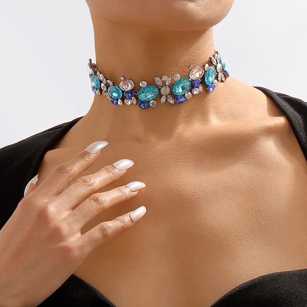 Chargances Bohemia Blue Rhinestone Choker Crystal Necklace Women's Costume Statement Necklace Fashion Jewelry for Wedding Birdal (Blue)