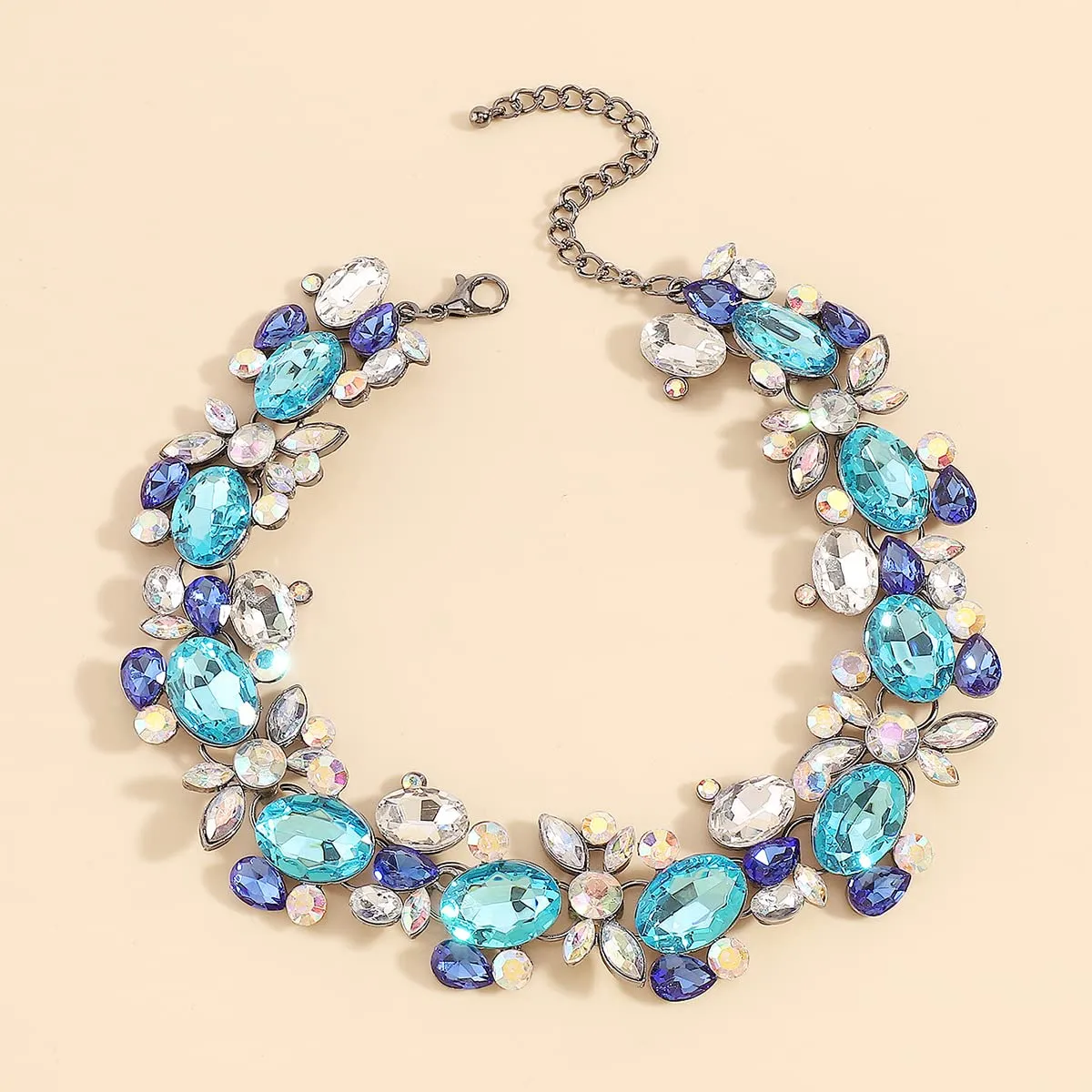 Chargances Bohemia Blue Rhinestone Choker Crystal Necklace Women's Costume Statement Necklace Fashion Jewelry for Wedding Birdal (Blue)