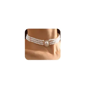 Chargances Boho 3 Layer Pearl Rhinestone Choker Necklace Dainty Big Pearl Pendant Choker 1920s Jewelry for Women