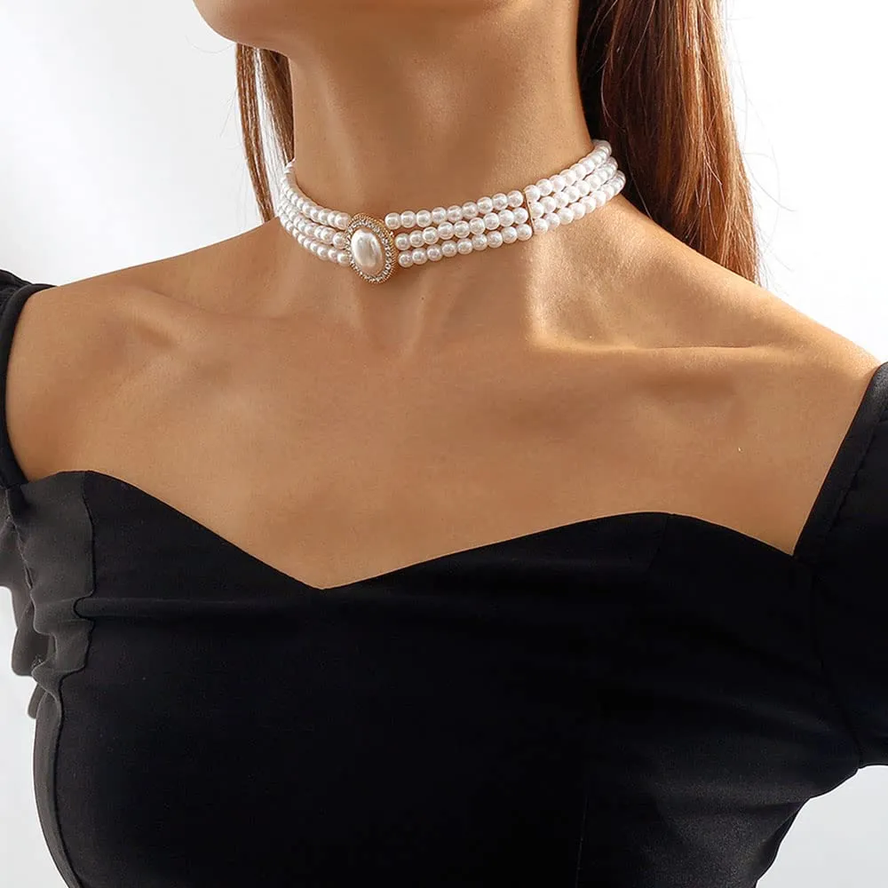Chargances Boho 3 Layer Pearl Rhinestone Choker Necklace Dainty Big Pearl Pendant Choker 1920s Jewelry for Women