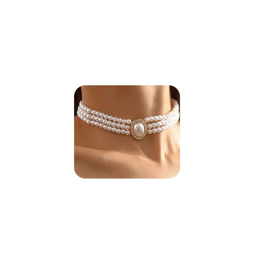 Chargances Boho 3 Layer Pearl Rhinestone Choker Necklace Dainty Big Pearl Pendant Choker 1920s Jewelry for Women