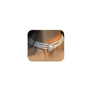 Chargances Boho 3 Layer Pearl Rhinestone Choker Necklace Dainty Big Pearl Pendant Choker 1920s Jewelry for Women(White-silver)