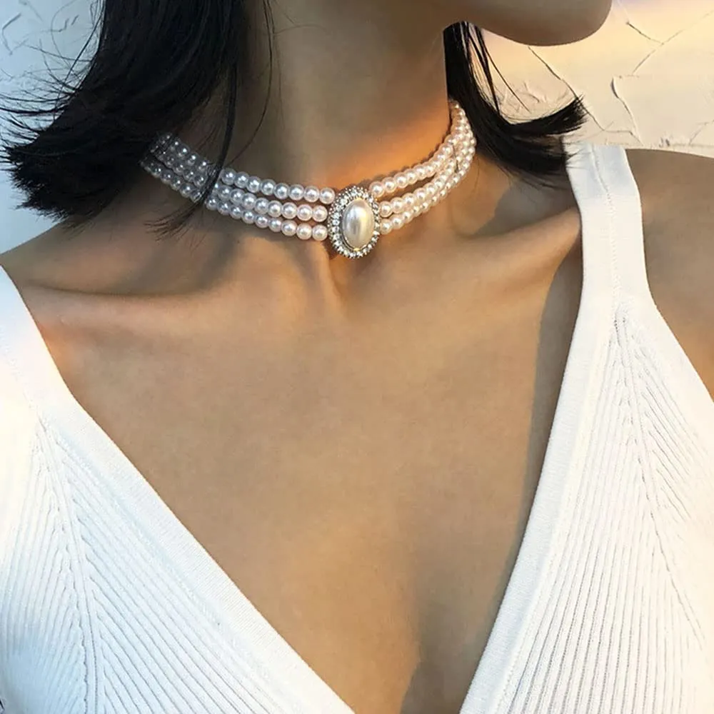 Chargances Boho 3 Layer Pearl Rhinestone Choker Necklace Dainty Big Pearl Pendant Choker 1920s Jewelry for Women(White-silver)