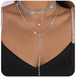 Chargances Boho Layered Rhinestone Statement Choker Necklace Gold Crystal Long Choker Fashion Sexy Body Costume Accessories for Women Gift Party
