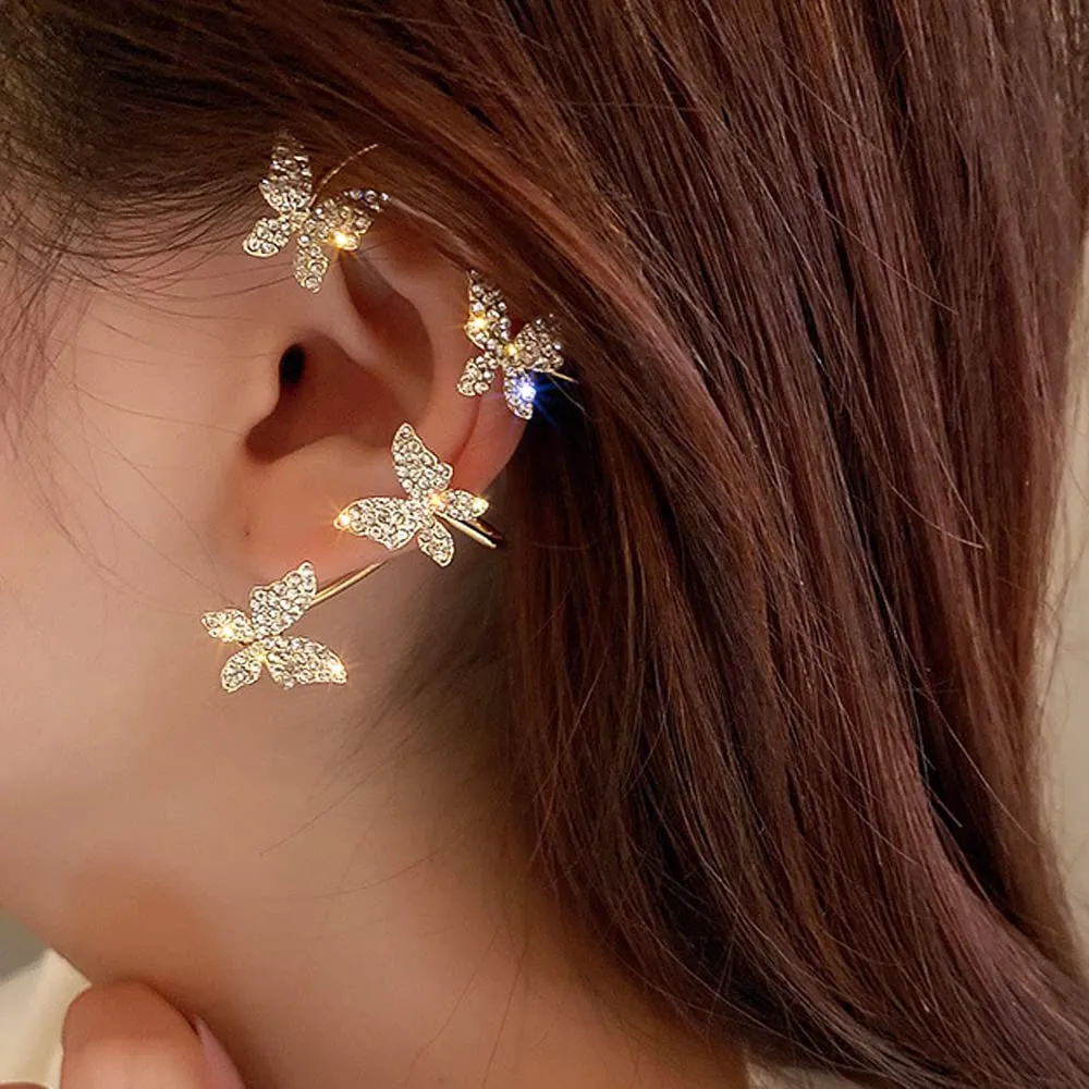 Chargances Glitter Butterfly Rhinestone Ear Cuff Dainty Statement Wrap Crawler Earring Sparkly Fairy Ear Clip Wrap Around Earrings Gift for Women Prom (Gold)