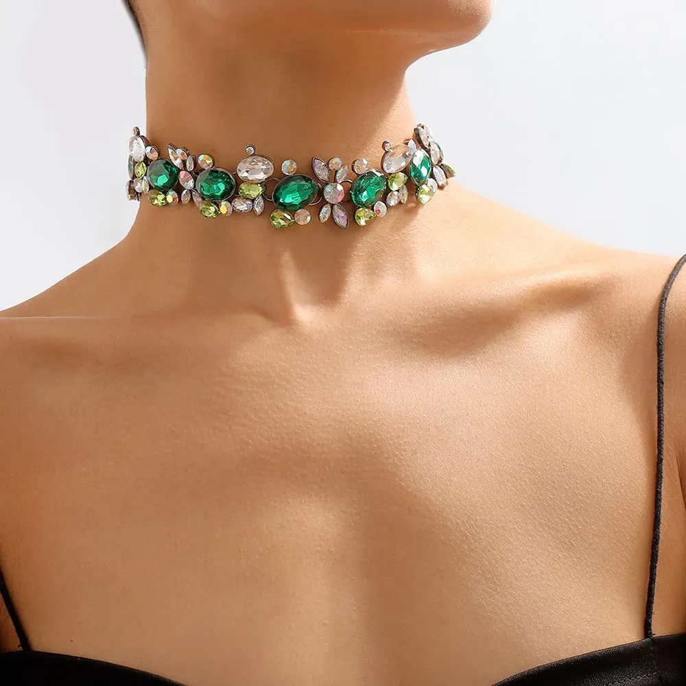 Chargances Green Chunky Rhinestone Choker Sparkle Crystal Bib Collar Necklace Fancy Iced Out Jewerly for Women(Green)