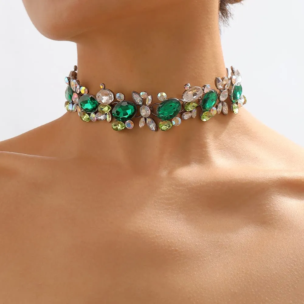 Chargances Green Chunky Rhinestone Choker Sparkle Crystal Bib Collar Necklace Fancy Iced Out Jewerly for Women(Green)