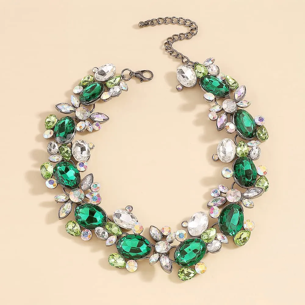 Chargances Green Chunky Rhinestone Choker Sparkle Crystal Bib Collar Necklace Fancy Iced Out Jewerly for Women(Green)