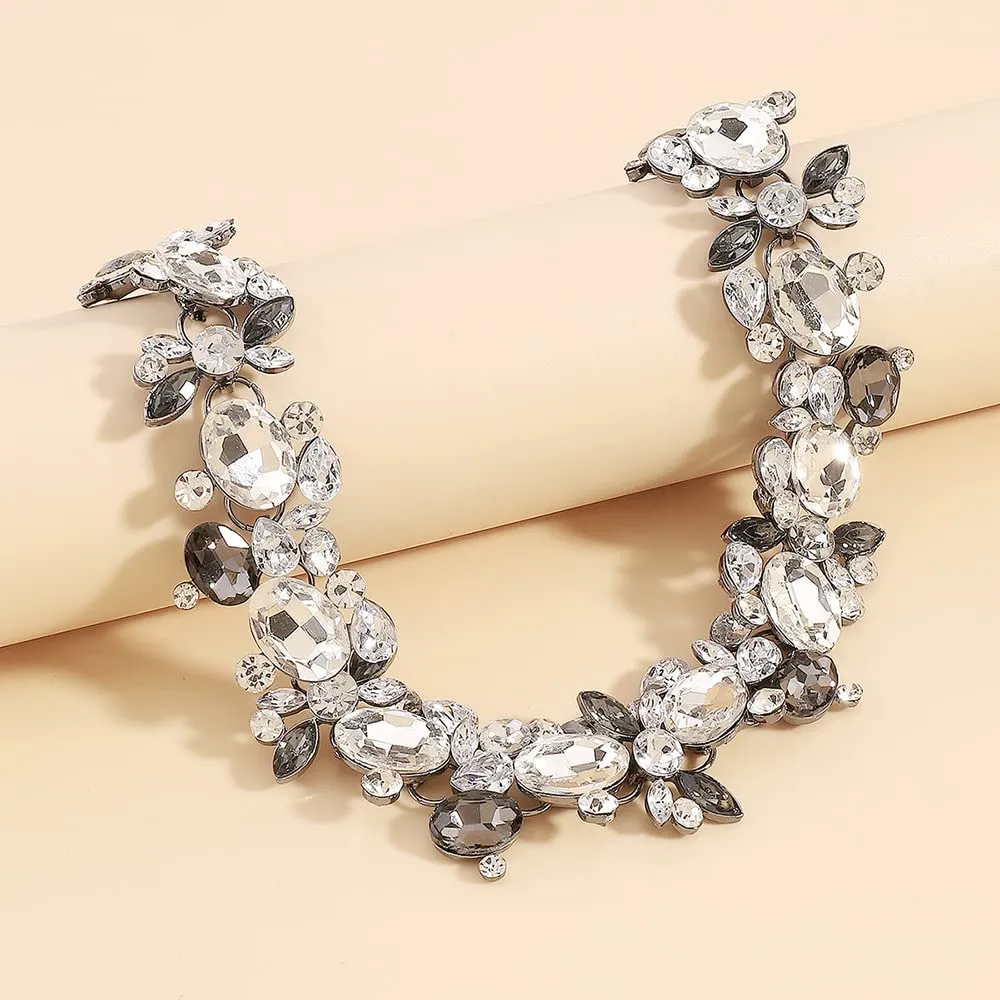 Chargances Rhinestone Statement Neckalce Vintage Chunky Crystal Collar Bling Grey Bib Pendant Necklace for Women (Grey)