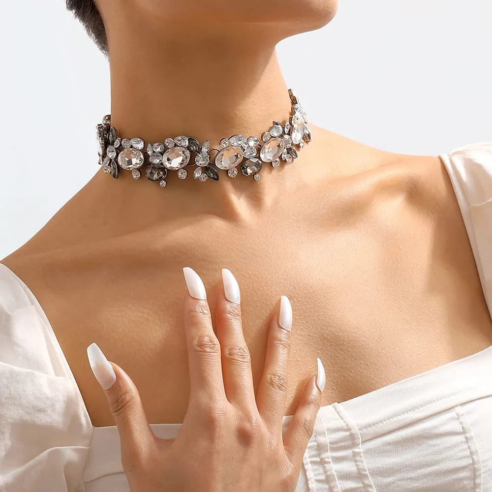 Chargances Rhinestone Statement Neckalce Vintage Chunky Crystal Collar Bling Grey Bib Pendant Necklace for Women (Grey)
