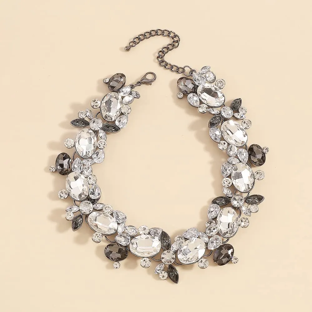 Chargances Rhinestone Statement Neckalce Vintage Chunky Crystal Collar Bling Grey Bib Pendant Necklace for Women (Grey)