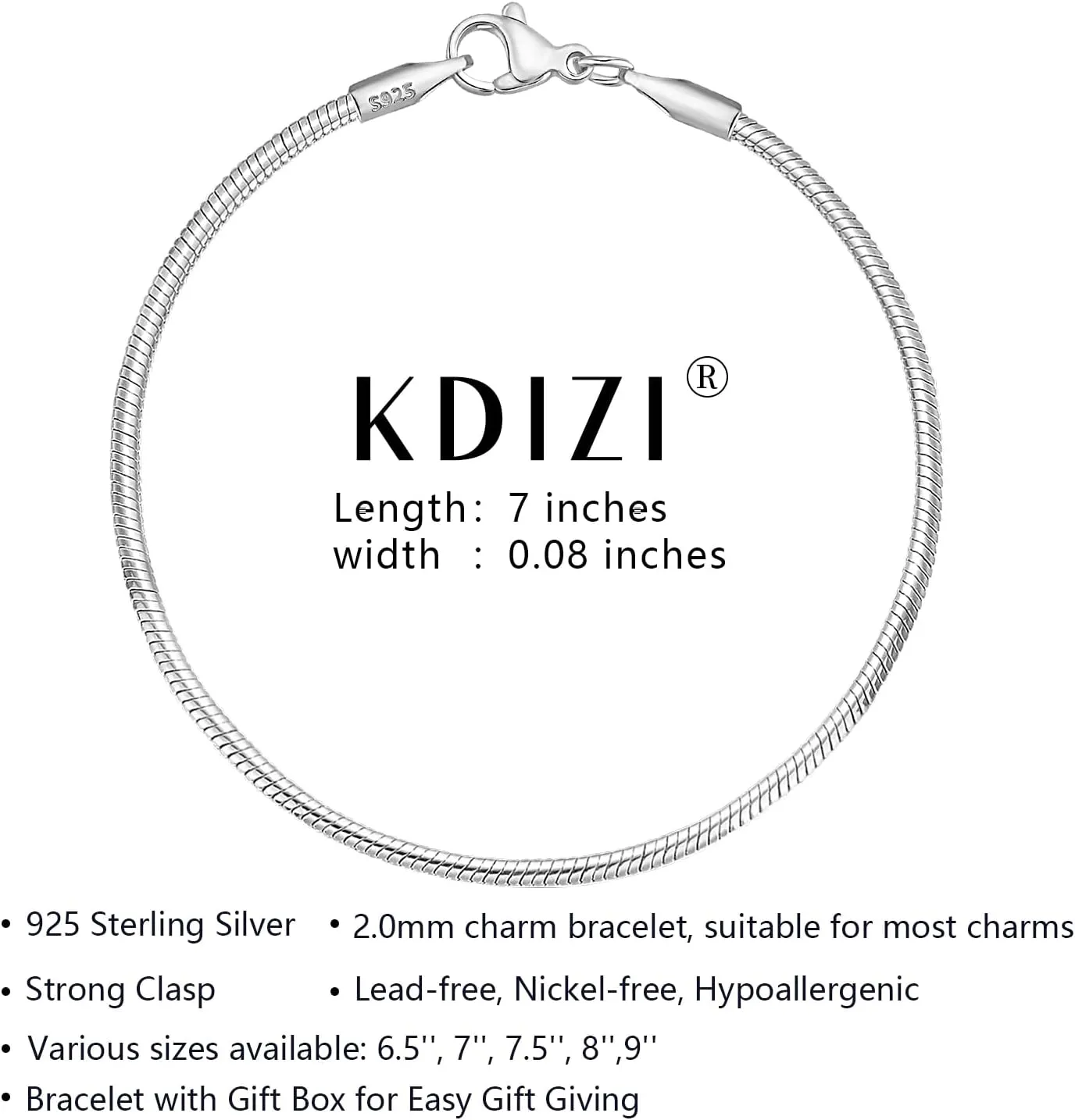 Charm Bracelet 925 Sterling Silver Bracelets for Women 2mm Dainty Snake Chain Bracelet Jewelry Gifts for Her