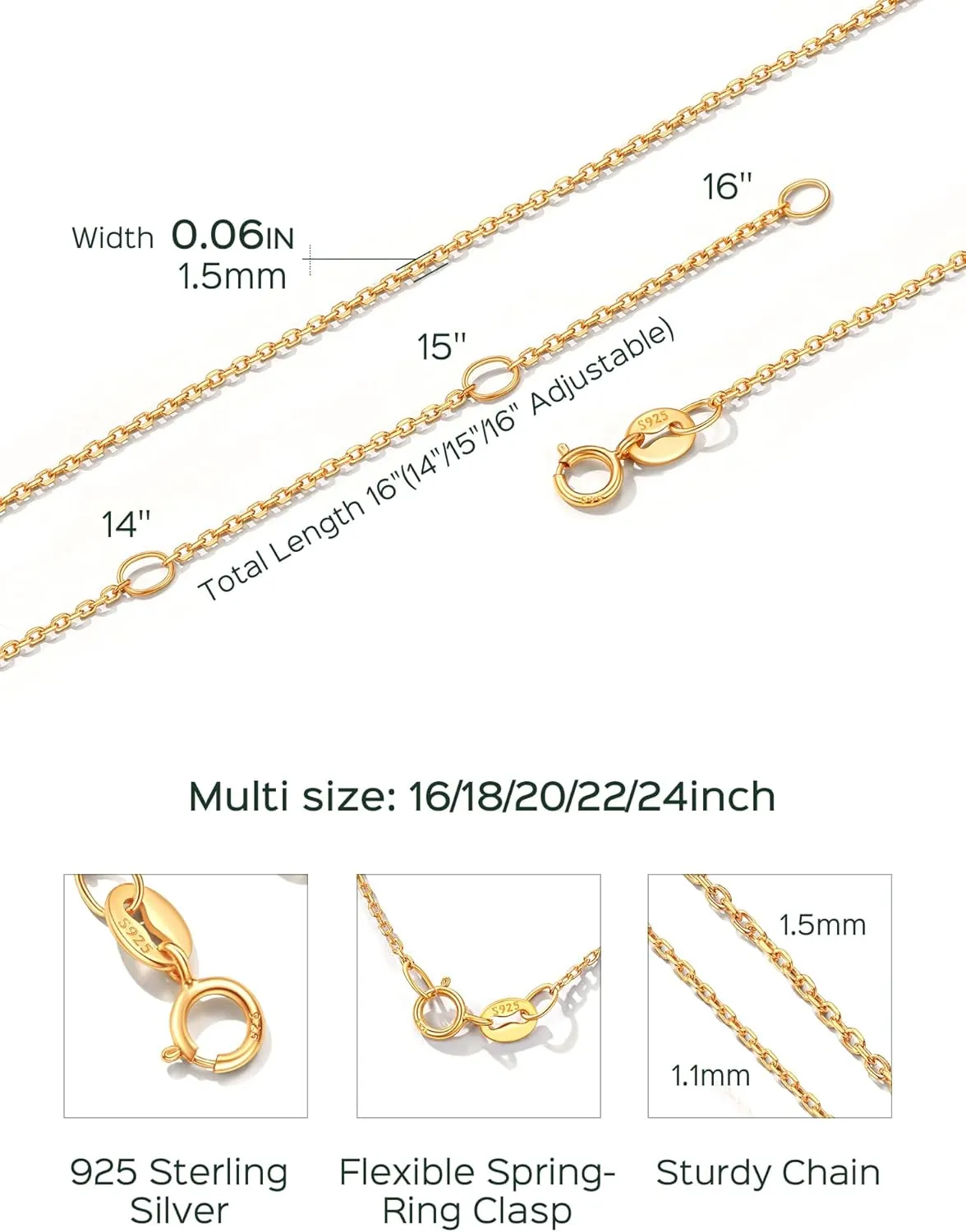 ChicSilver 1.1mm/ 1.5mm 925 Sterling Silver Chains for Women Dainty Thin Silver Necklace Chain for Women - 16/18/20/22/24 Inch (with Gift Box)
