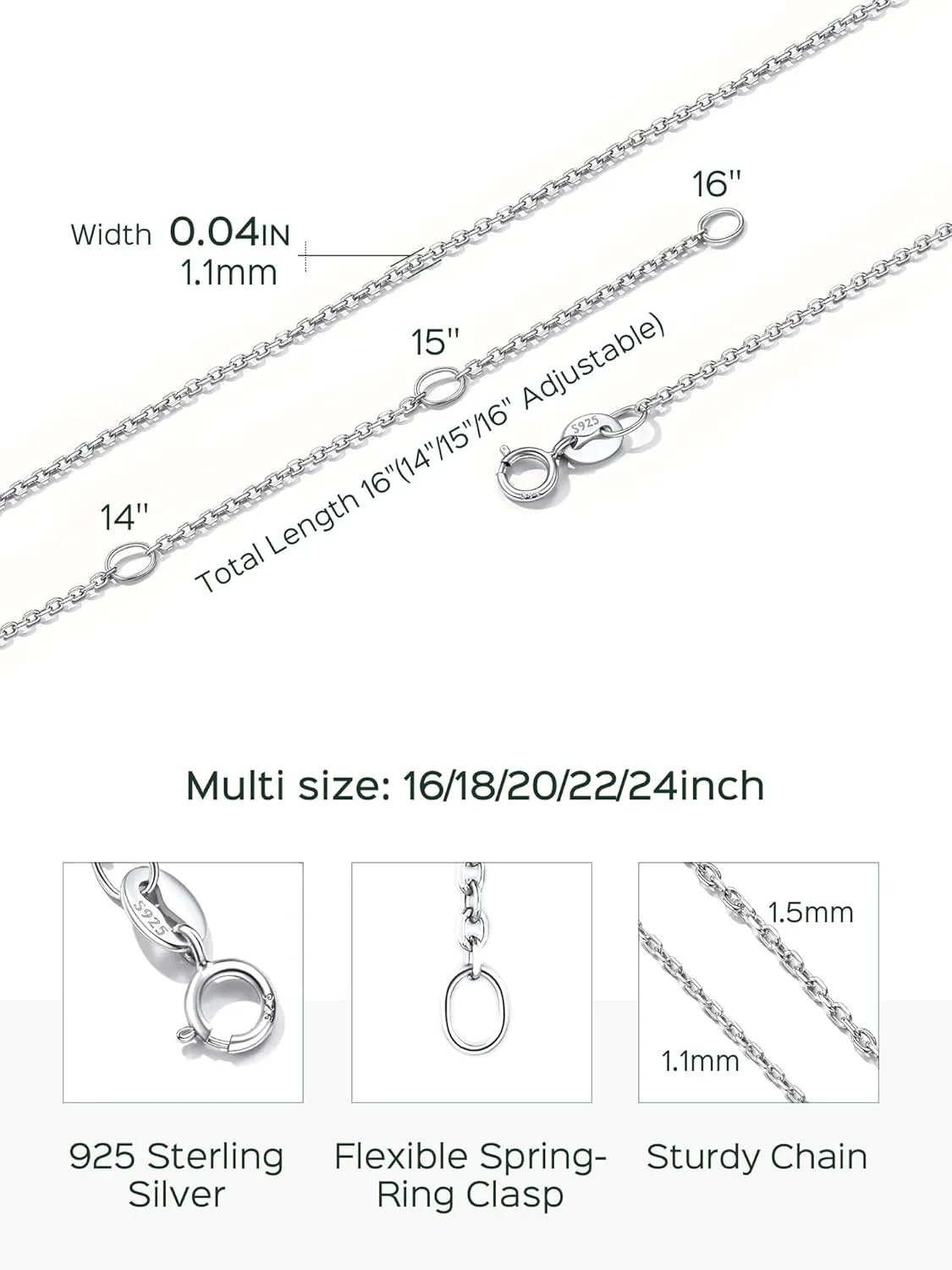 ChicSilver 1.1mm/ 1.5mm 925 Sterling Silver Chains for Women Dainty Thin Silver Necklace Chain for Women - 16/18/20/22/24 Inch (with Gift Box)