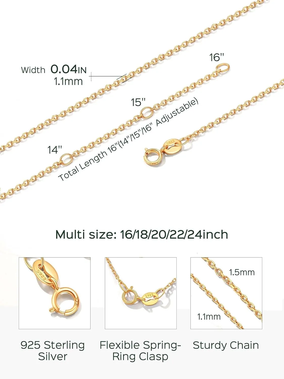 ChicSilver 1.1mm/ 1.5mm 925 Sterling Silver Chains for Women Dainty Thin Silver Necklace Chain for Women - 16/18/20/22/24 Inch (with Gift Box)