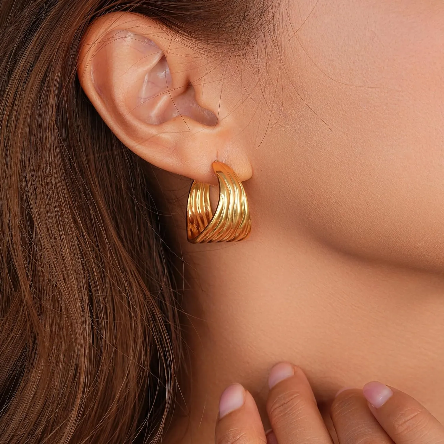 Chunky Gold Earrings 14K Gold Plated Statement Earrings for Women Trendy Hypoallergenic Textured Hoop Earring Ribbed Huggie Stud Earrings Jewelry Gifts