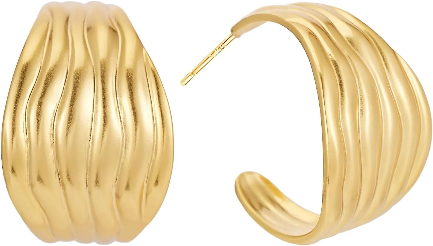 Chunky Gold Earrings 14K Gold Plated Statement Earrings for Women Trendy Hypoallergenic Textured Hoop Earring Ribbed Huggie Stud Earrings Jewelry Gifts