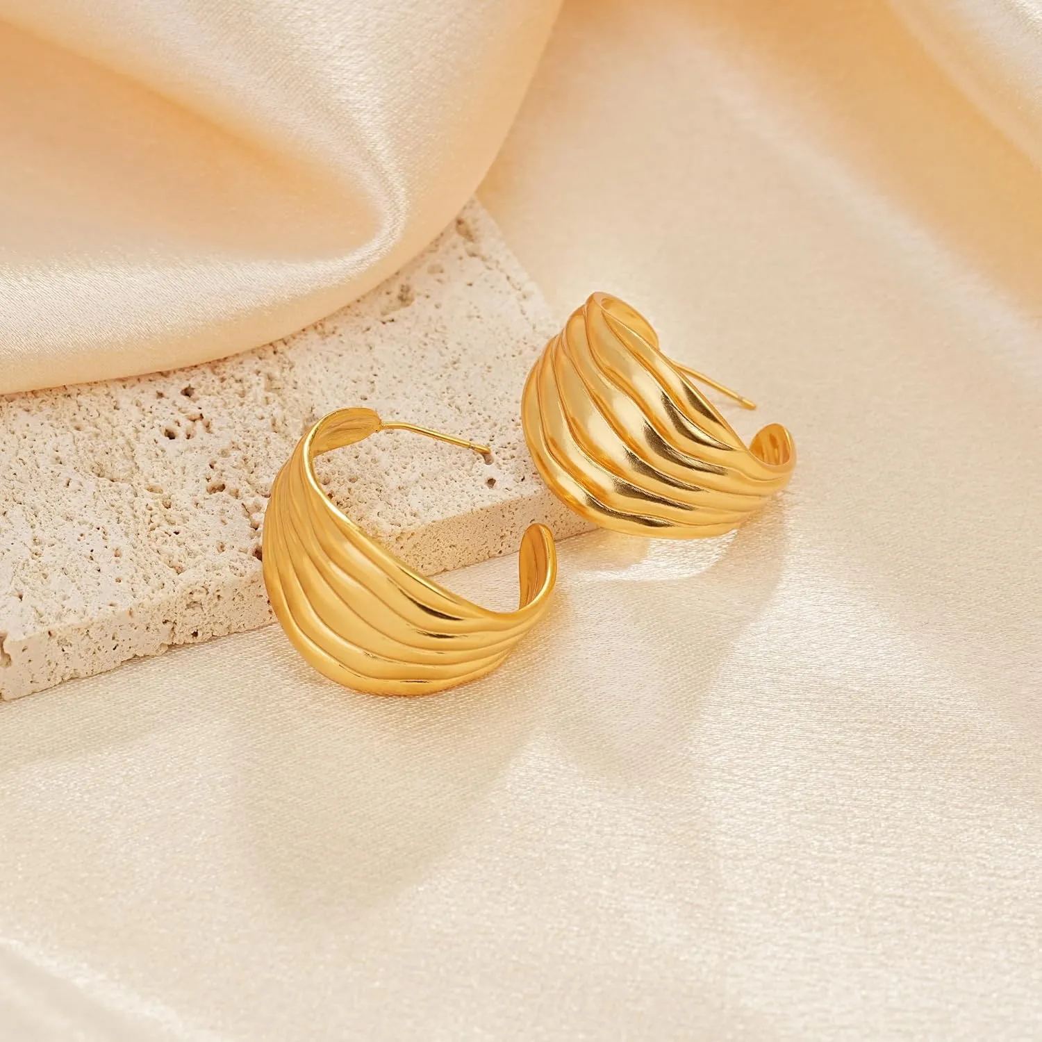 Chunky Gold Earrings 14K Gold Plated Statement Earrings for Women Trendy Hypoallergenic Textured Hoop Earring Ribbed Huggie Stud Earrings Jewelry Gifts