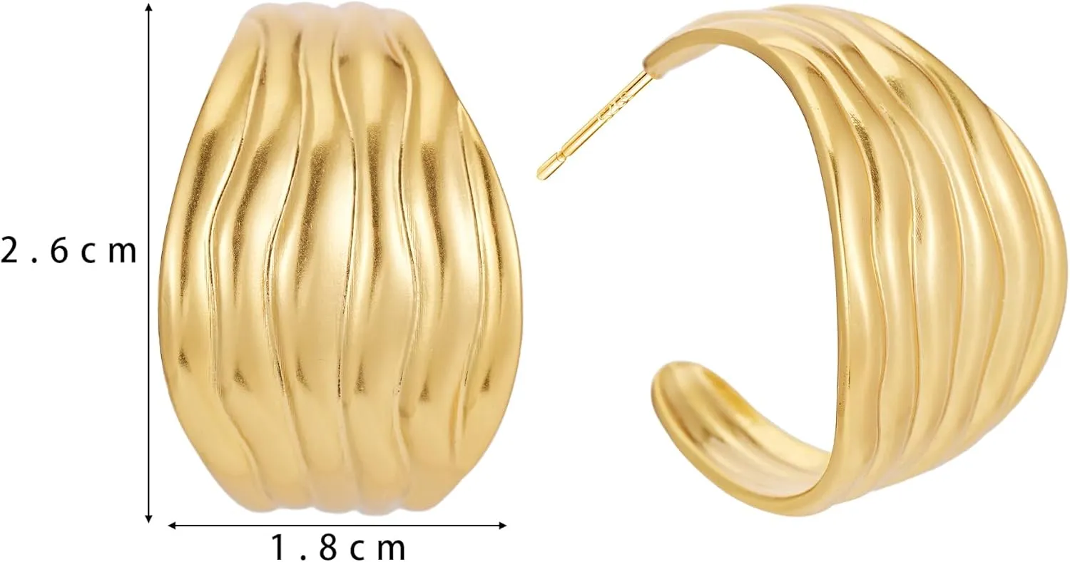 Chunky Gold Earrings 14K Gold Plated Statement Earrings for Women Trendy Hypoallergenic Textured Hoop Earring Ribbed Huggie Stud Earrings Jewelry Gifts