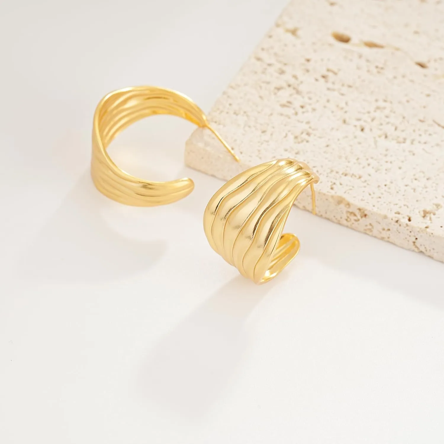 Chunky Gold Earrings 14K Gold Plated Statement Earrings for Women Trendy Hypoallergenic Textured Hoop Earring Ribbed Huggie Stud Earrings Jewelry Gifts