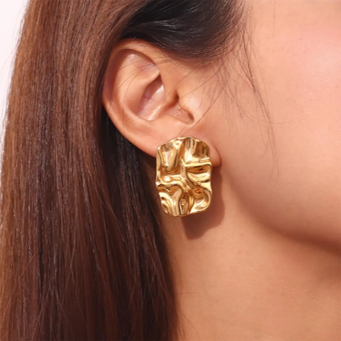 Chunky Irregular Hammered Stud Earrings for Women 18k Gold/Sliver Plated Geometric Rectangle Statement Earrings Trendy