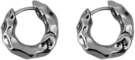 Chunky Irregular Silver Hoop Earrings  18K Gold Plated, Modern Textured Metal Huggie Earrings for Women, Minimalist Statement Jewelry