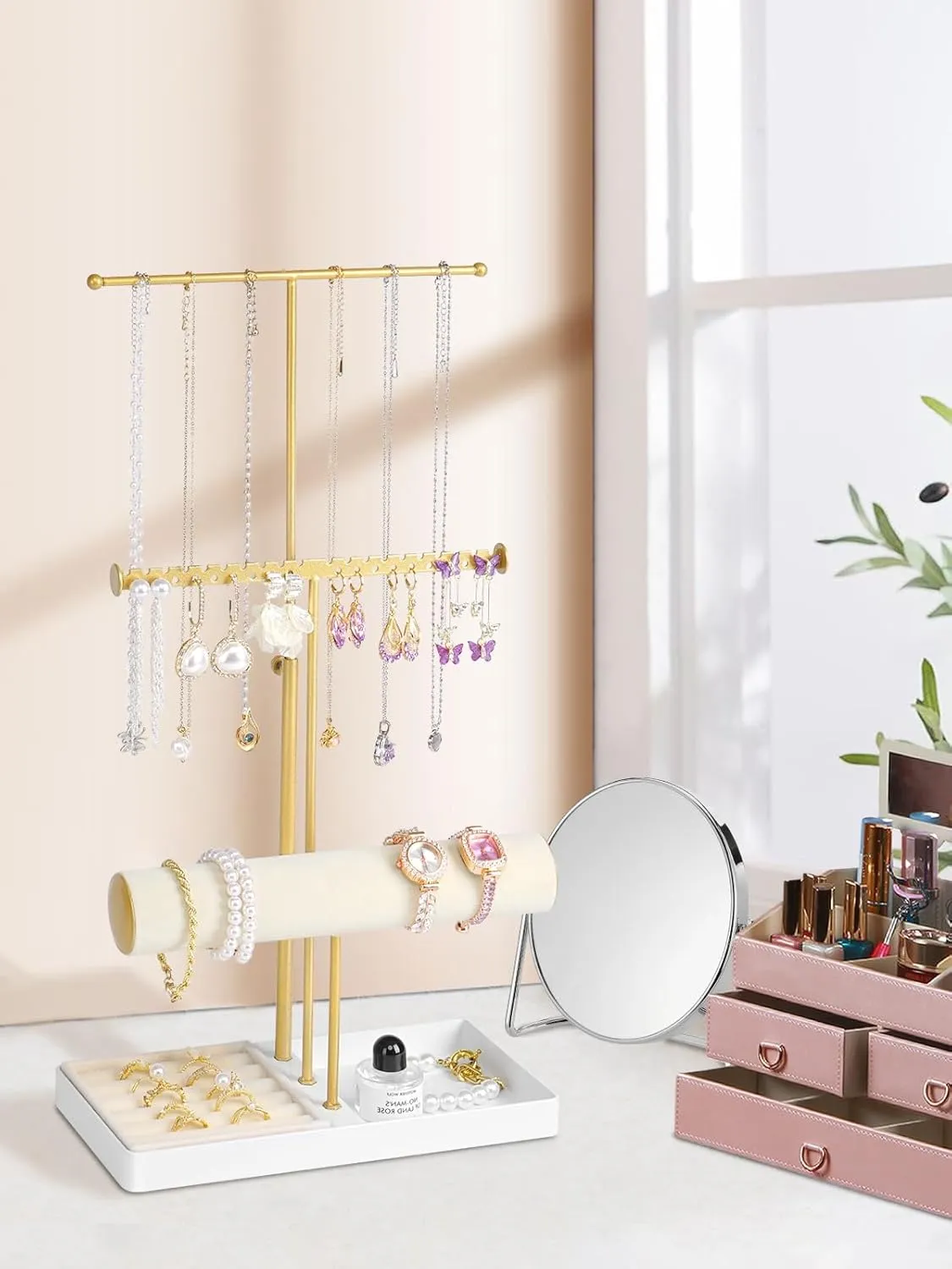 Cirhy Gold Jewelry Stand, Jewelry Organizers and Storage, Adjustable 3 Tier Necklace holder for Earring Display, Bracelet Holder with Velvet Ring Tray, Gifts for Her.