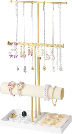 Cirhy Gold Jewelry Stand, Jewelry Organizers and Storage, Adjustable 3 Tier Necklace holder for Earring Display, Bracelet Holder with Velvet Ring Tray, Gifts for Her.