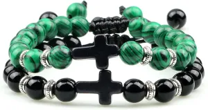 Classic 2pcs Cross Beaded Bracelets Handmade Natural Black Lava Tiger Eye Stone Bracelet Men Women Prayer Jewelry Couples Gifts,Light-Malachite