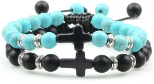 Classic 2pcs Cross Beaded Bracelets Handmade Natural Black Lava Tiger Eye Stone Bracelet Men Women Prayer Jewelry Couples Gifts,Matte-Blue