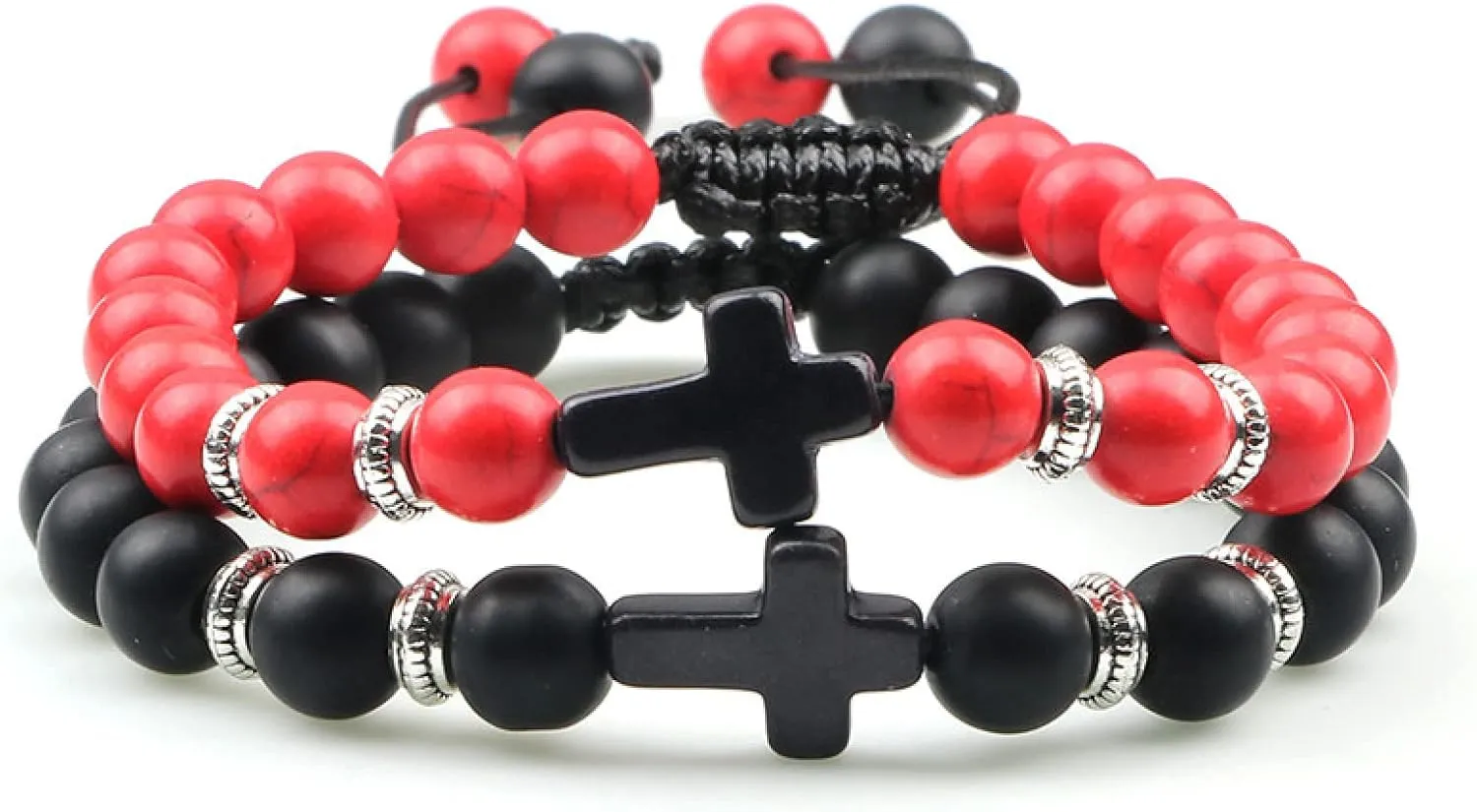 Classic 2pcs Cross Beaded Bracelets Handmade Natural Black Lava Tiger Eye Stone Bracelet Men Women Prayer Jewelry Couples Gifts,Matte-red