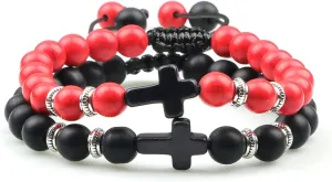 Classic 2pcs Cross Beaded Bracelets Handmade Natural Black Lava Tiger Eye Stone Bracelet Men Women Prayer Jewelry Couples Gifts,Matte-red