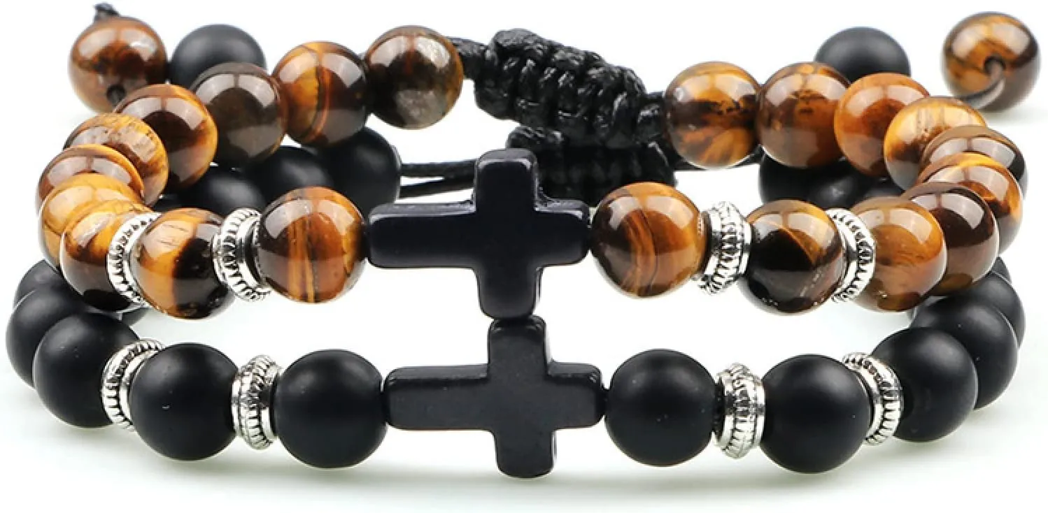 Classic 2pcs Cross Beaded Bracelets Handmade Natural Black Lava Tiger Eye Stone Bracelet Men Women Prayer Jewelry Couples Gifts,Matte-Tiger Eye