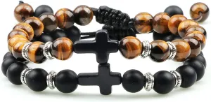 Classic 2pcs Cross Beaded Bracelets Handmade Natural Black Lava Tiger Eye Stone Bracelet Men Women Prayer Jewelry Couples Gifts,Matte-Tiger Eye