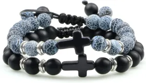 Classic 2pcs Cross Beaded Bracelets Handmade Natural Black Lava Tiger Eye Stone Bracelet Men Women Prayer Jewelry Couples Gifts,Matte-Weathered