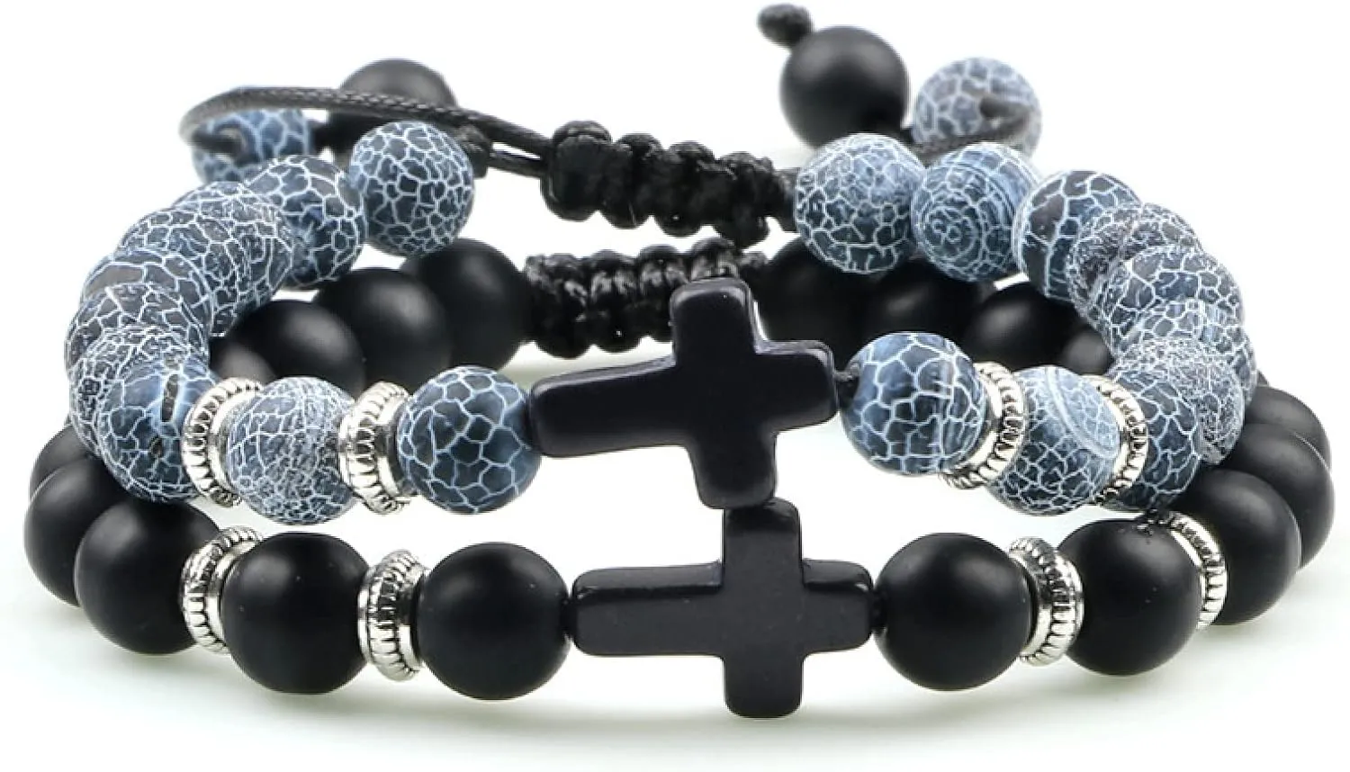 Classic 2pcs Cross Beaded Bracelets Handmade Natural Black Lava Tiger Eye Stone Bracelet Men Women Prayer Jewelry Couples Gifts,Matte-Weathered